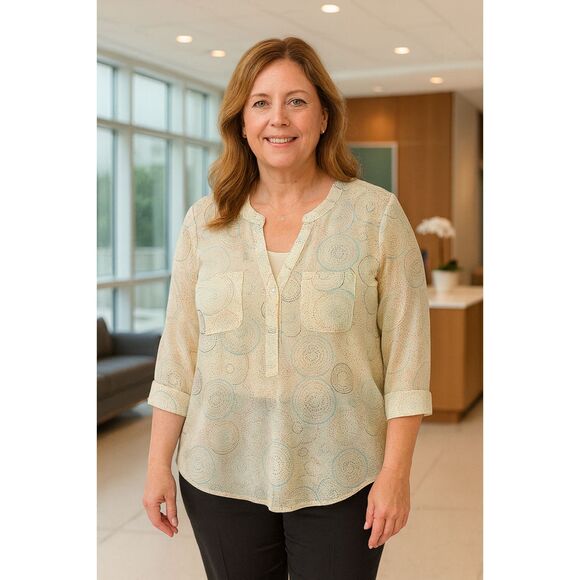 Lane Bryant Blouse 14/16 Cream Sheer Multicolor Print 3/4 Sleeve Business Casual - Picture 9 of 9